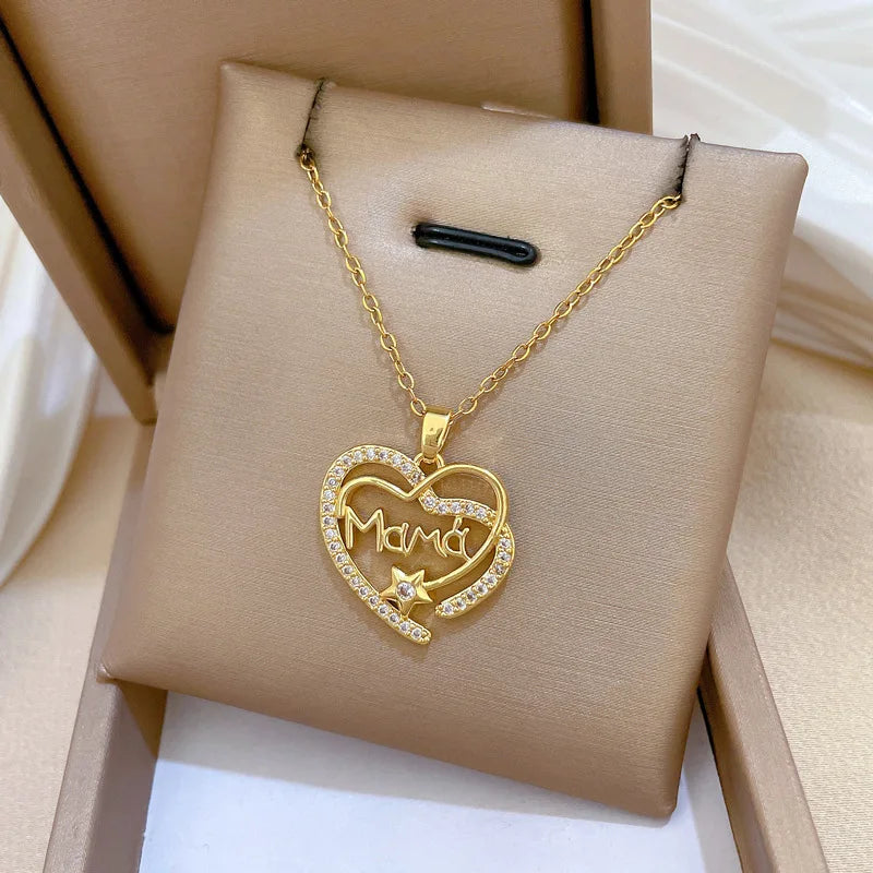 Crystal Heart Mama Necklace | Stainless Steel Pendant Jewelry for Mom close-up view