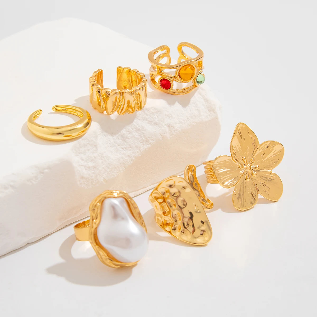 Ingemark 2025 New Irregular Exaggerated Metal Flower Open Rings Women Elegant Baroque lifestyle view