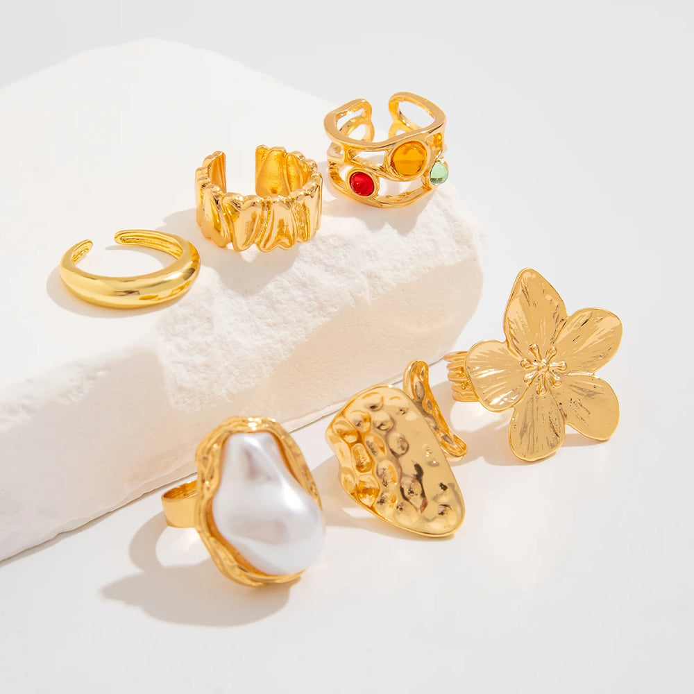 Ingemark 2025 New Irregular Exaggerated Metal Flower Open Rings Women Elegant Baroque lifestyle view