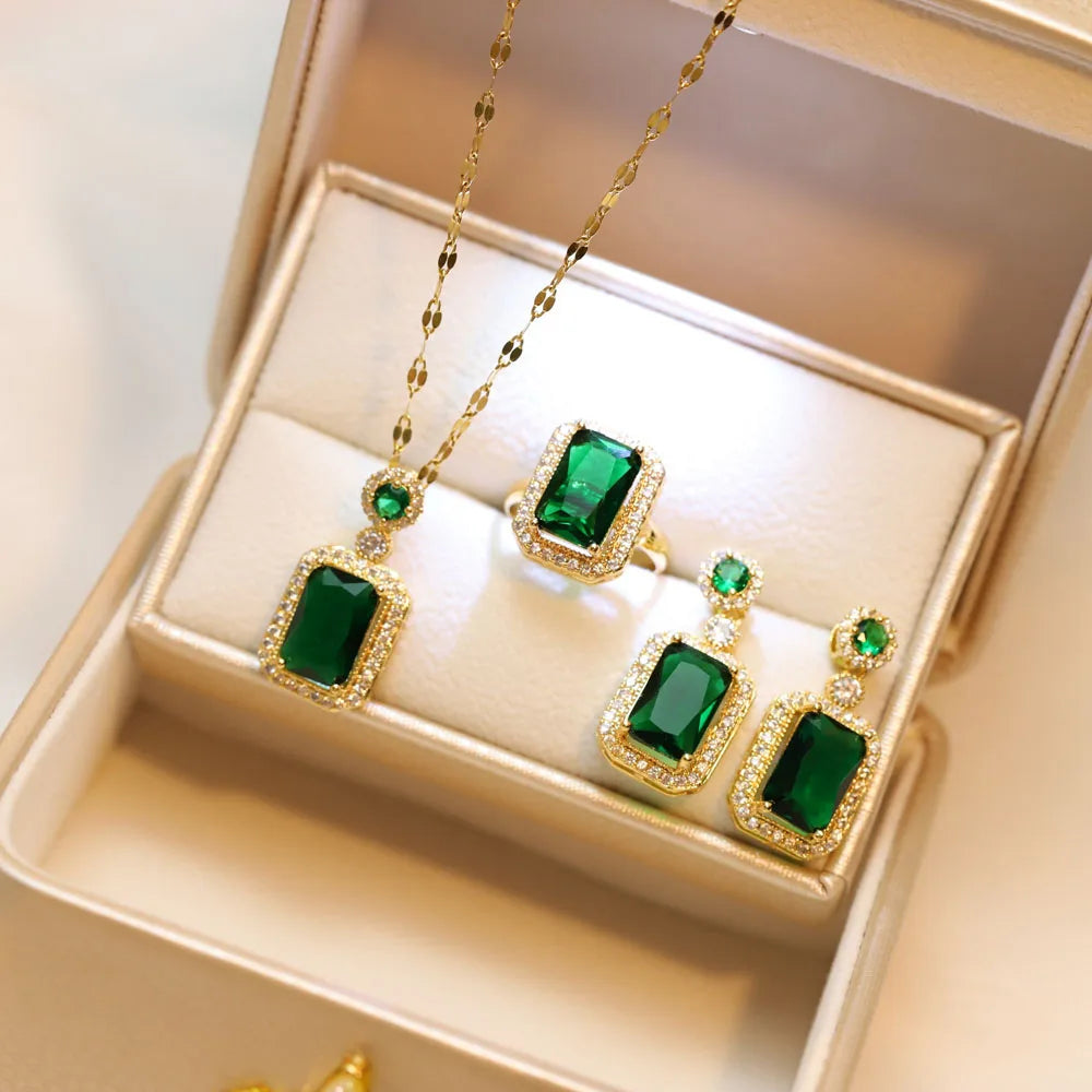 4PCS Sets Exquisite Quadrate Rhinestone Necklace Earrings Ring Jewelry Set Charm Ladies Jewelry Fash