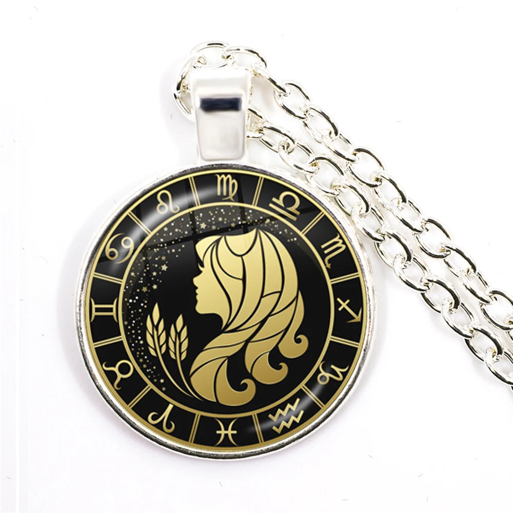 12 Constellation Zodiac Pendant Necklace | Antique Bronze Glass Dome Jewelry detail view