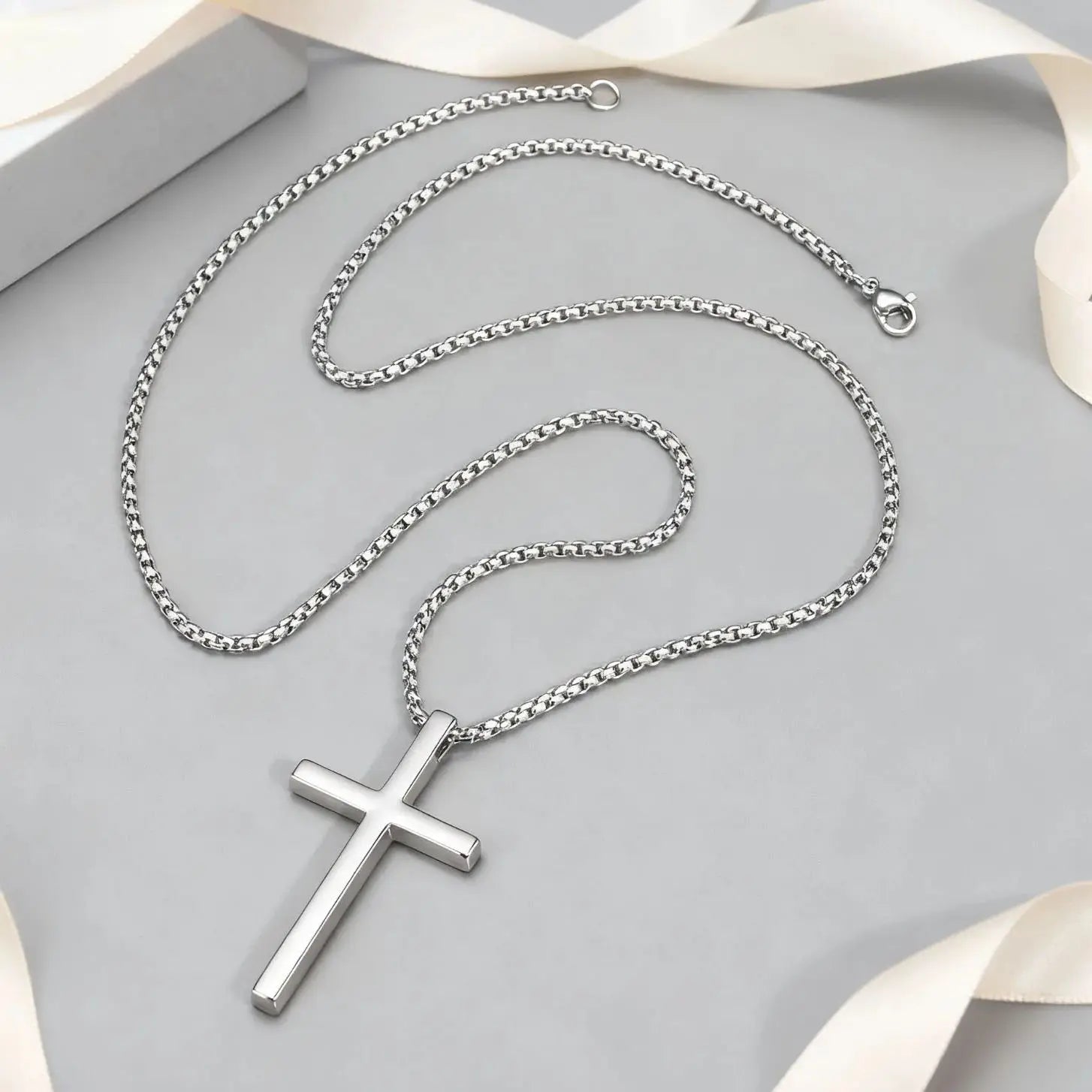 Fashionable Cross Pendant Necklace | Unisex Stainless Steel Box Chain additional angle