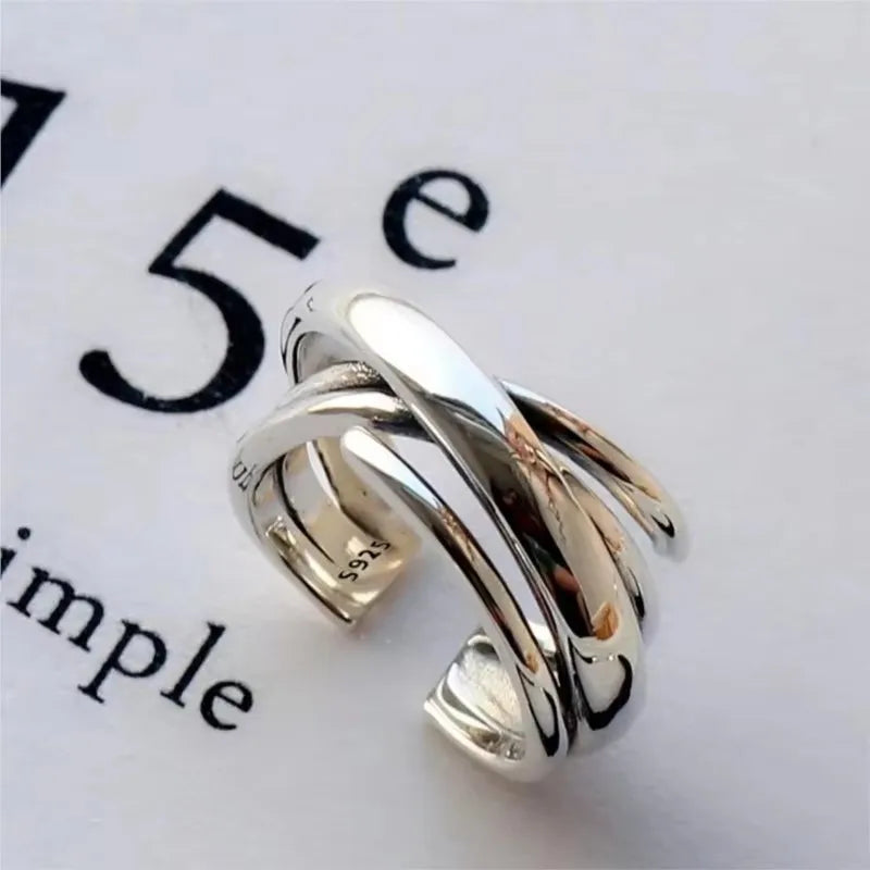 PANJBJ 925 Sterling Silve Multilayer Irregular Geometric Ring for Women Simple Charm Retro Jewelry Gift