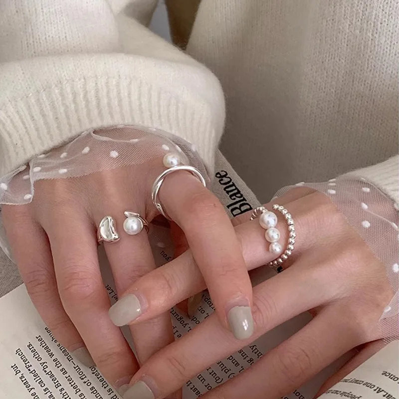 PANJBJ 925 Sterling Silver Pearl Irregular Ring for Women Shell Overlapping Hollow Sweet detail view