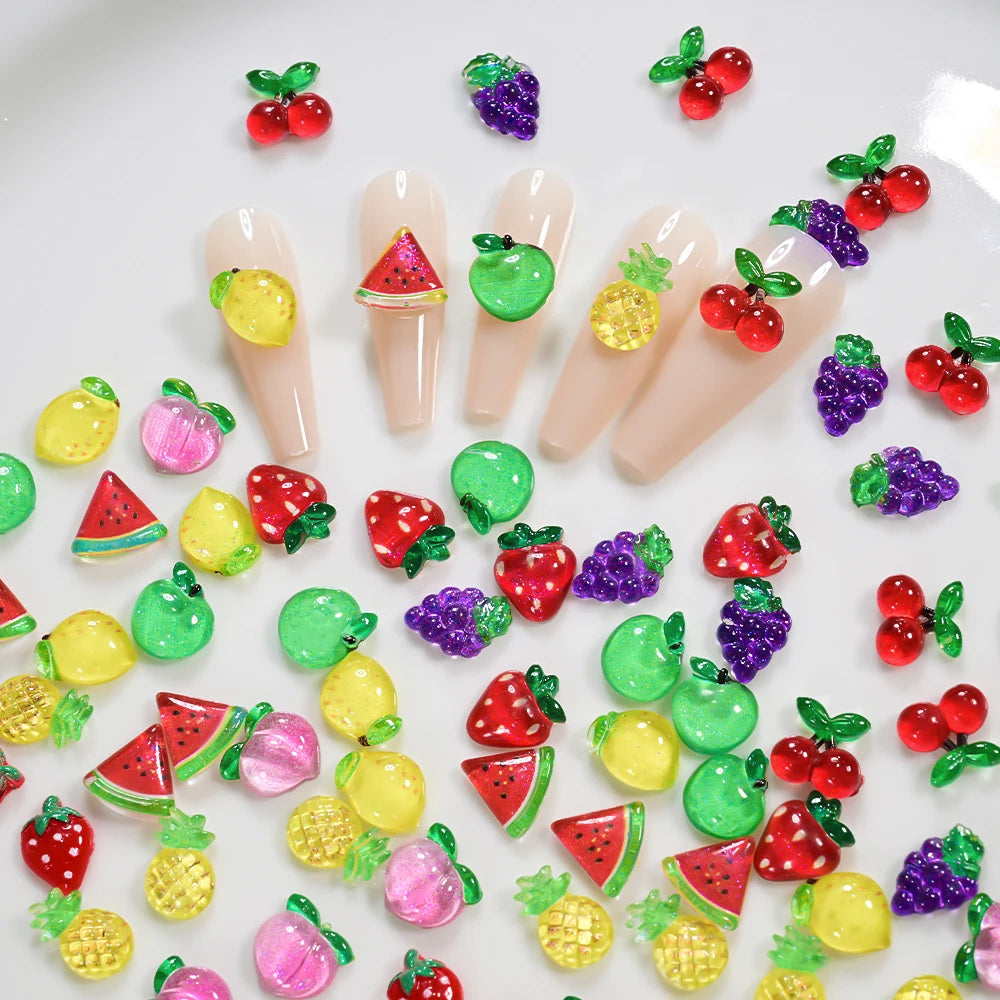 50Pcs 3D Summer Fruits Nail Charms Strawberry,Watermelo,Cherry,Peach,Lemon Flatback N alternate view