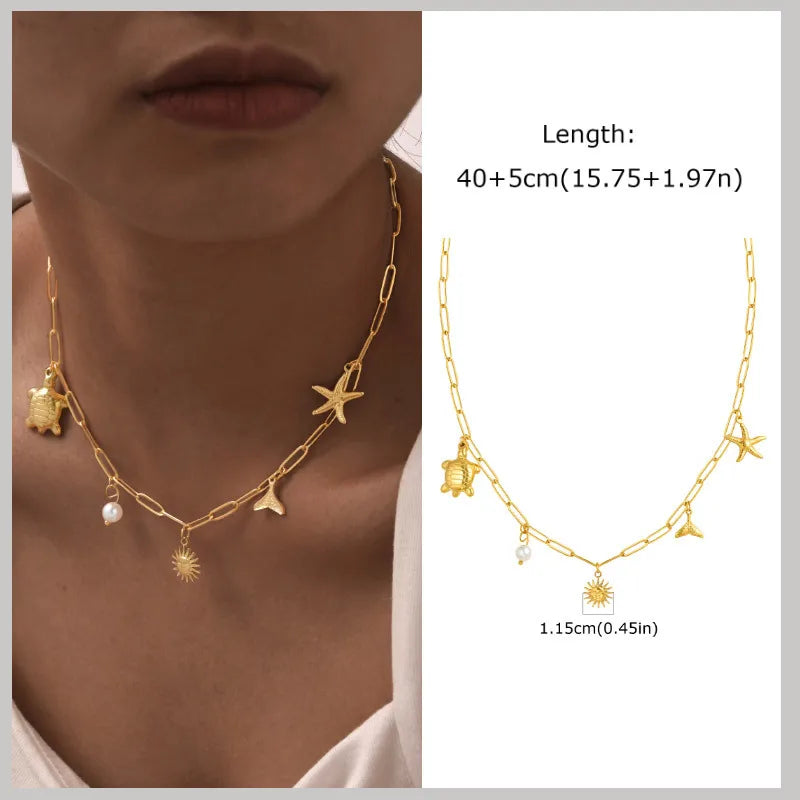 18k Gold Plated Pearl Shell Starfish Necklace | Summer Beach Jewelry for Women detail view