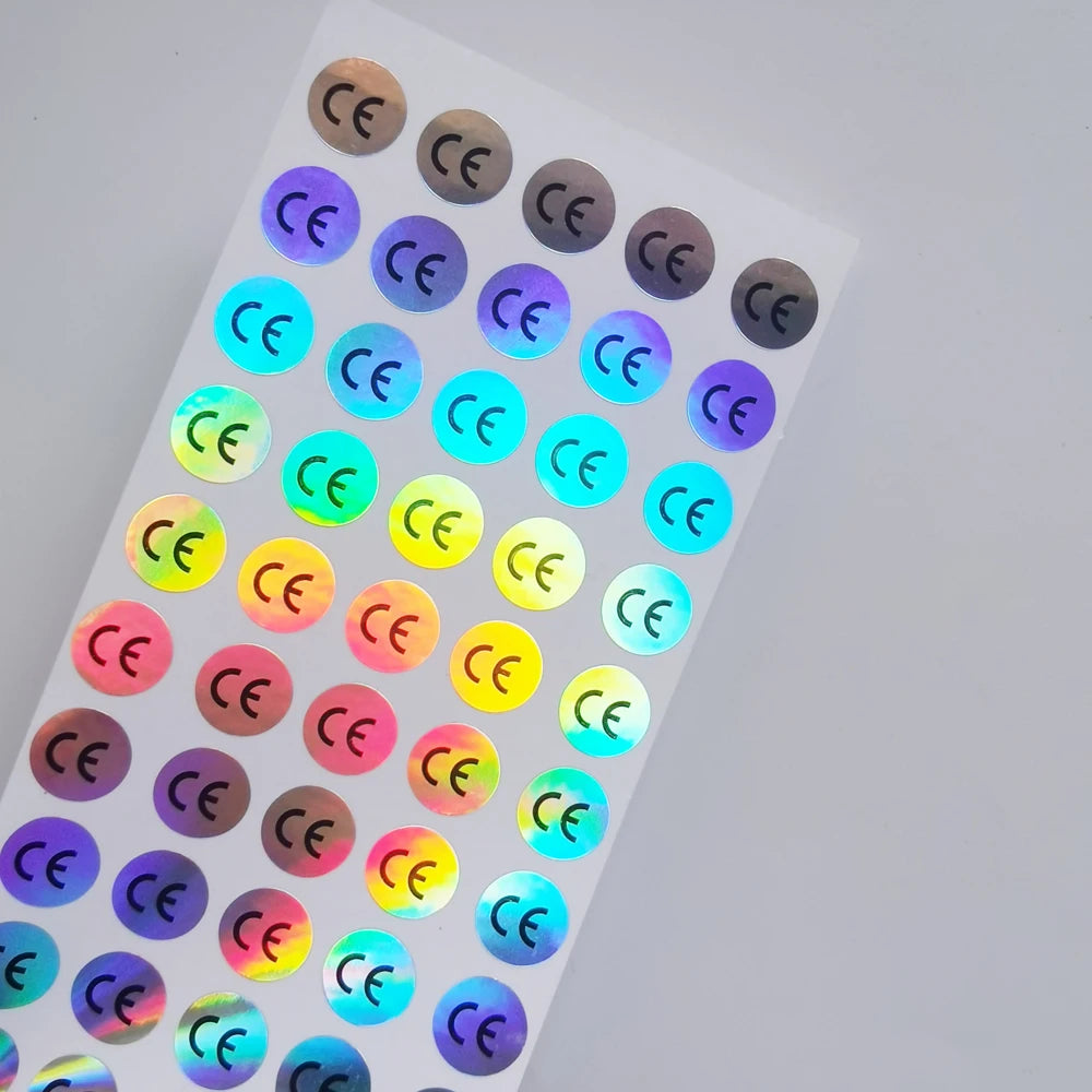 1cm Round CE Sticker | White, Silver, Holographic, Clear Base Circle Label 500pcs close-up view