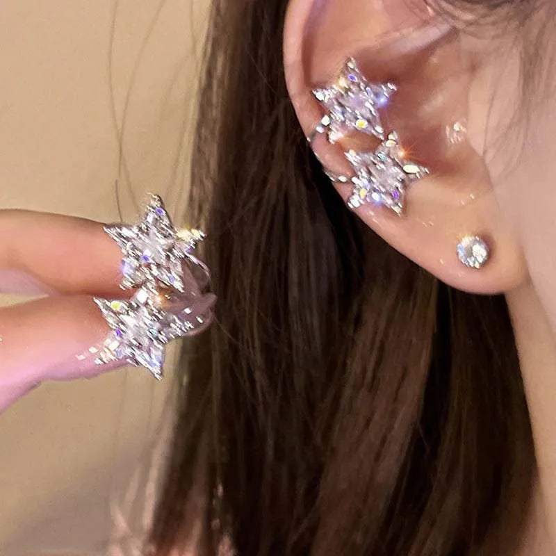 Shining Double Star Ear Clip for Women Fashion Double Layered Zircon Pentagram No Piercing Ear Cuff