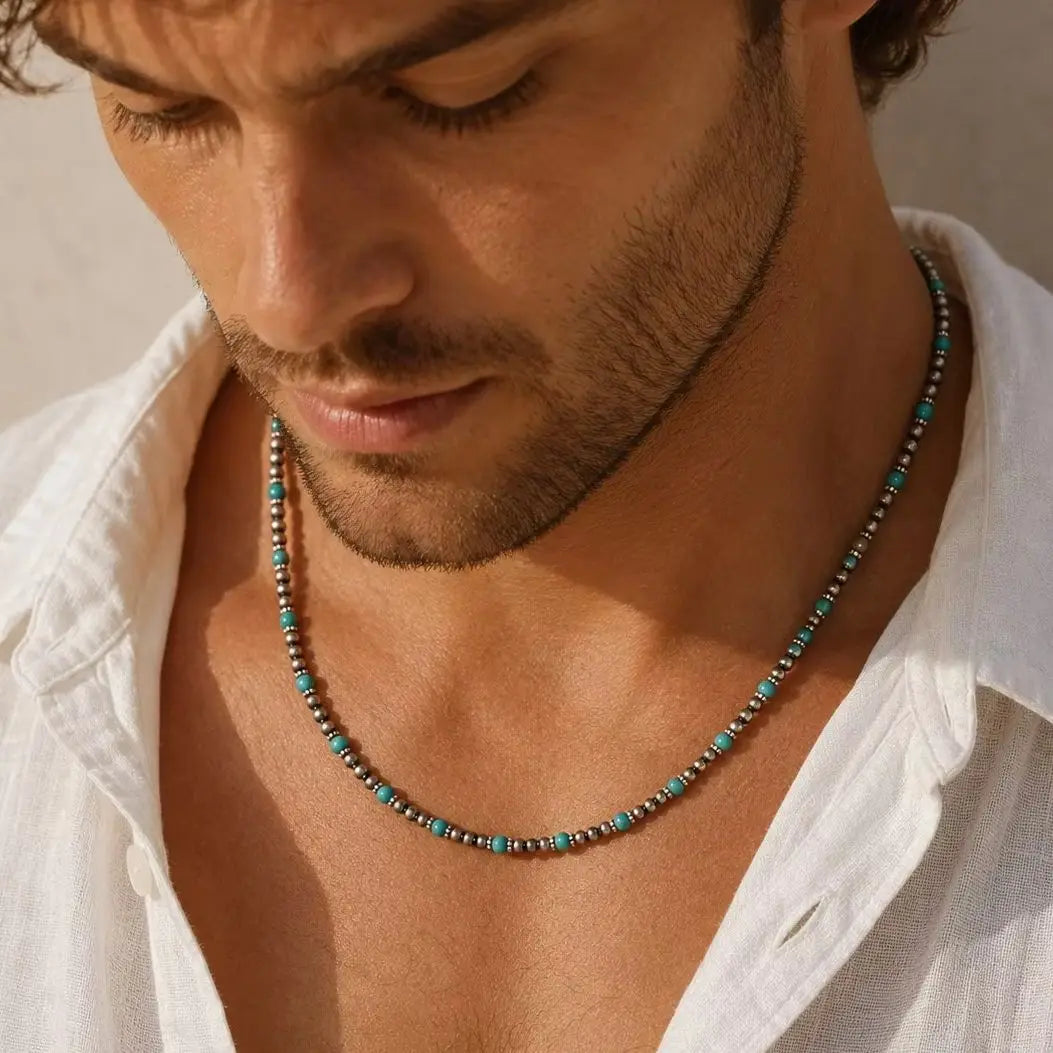 Synthetic Turquoise Necklace for Men | Natural Stone Mini Beads Summer Beach Bohemian alternate view