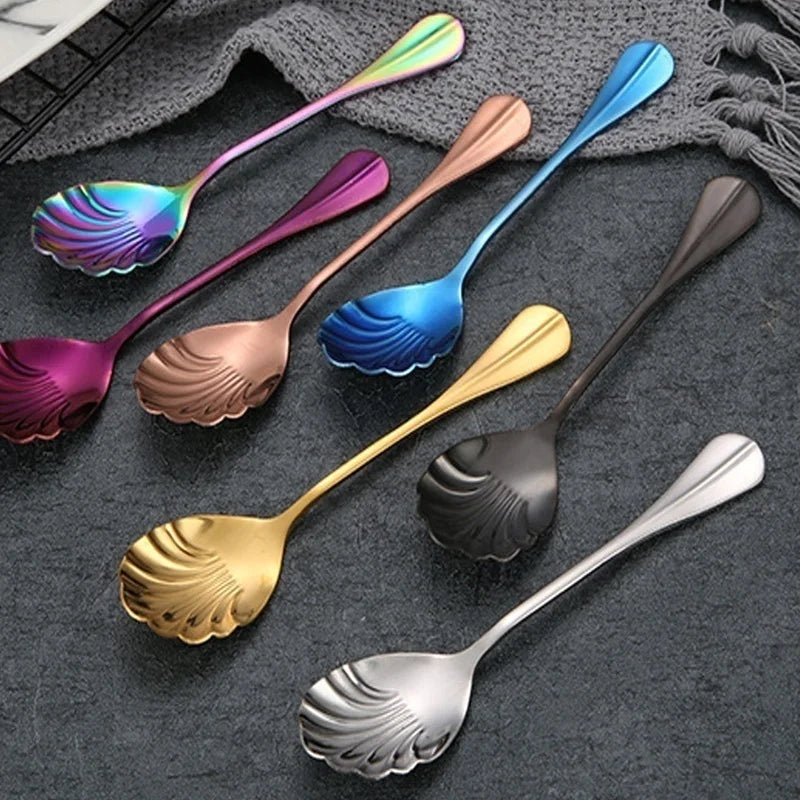 Shell Shape Stainless Steel Spoon with Long Handle | Dessert Spoon and Ice Cream Scoop detail view