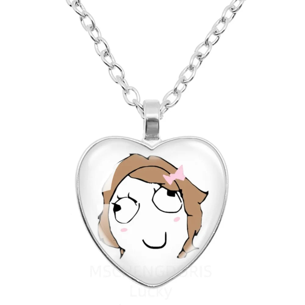 Rage Comic Necklace Derp Face Trollface Funny Meme Cartoon Glass Heart Shape Pendant Cha detail view