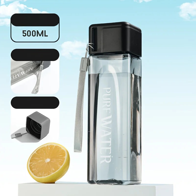 minimalist square plastic water cup, leak proof, with drawstring and lid, portable spo close-up view