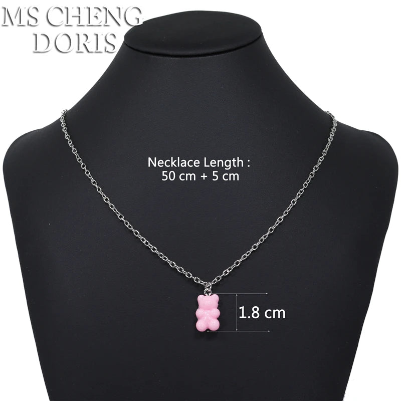 Handmade 33 Styles Colors Cute Resin Gummy Bear Chain Necklaces, Candy Color Pendant lifestyle view