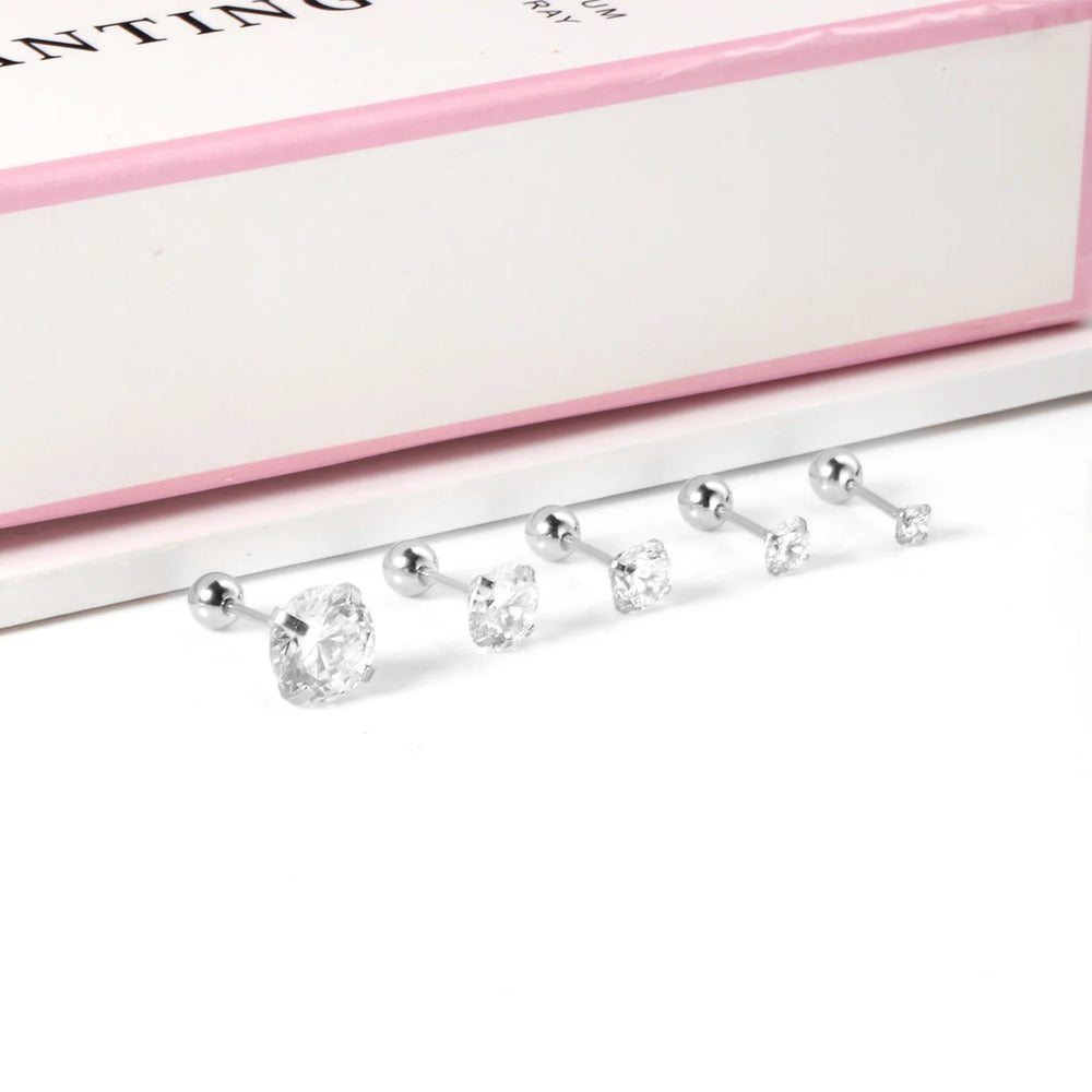 LUXUSTEEL Crystal Zircon Stud Earrings | Screw Back Round CZ Earrings for Men Women close-up view