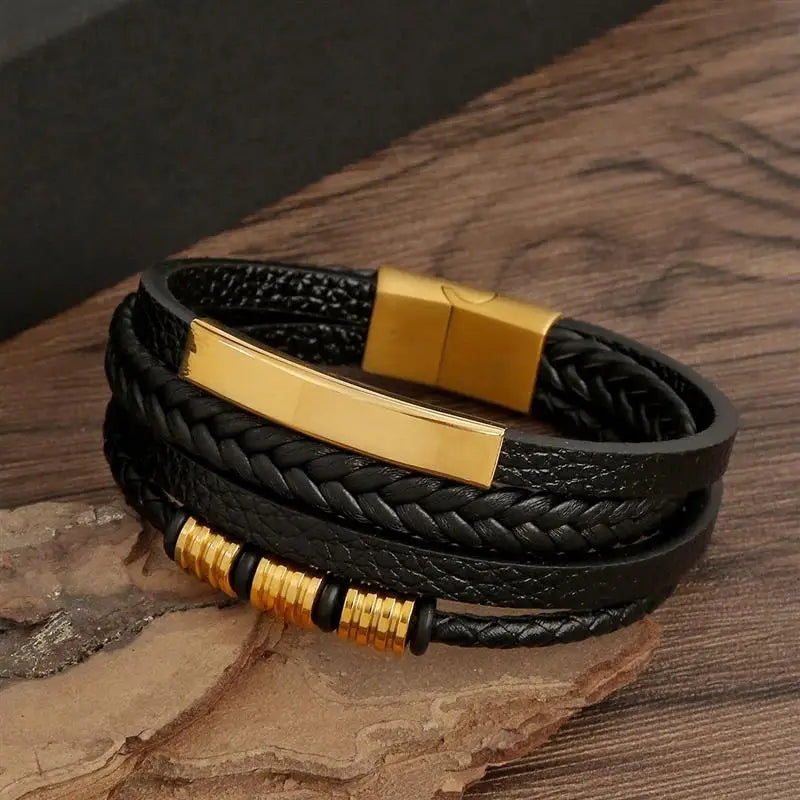 Classic Men's Leather Bracelet New Style Hand-woven Multi-layer Combination Accessory close-up view