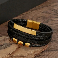 Classic Men's Leather Bracelet New Style Hand-woven Multi-layer Combination Accessory close-up view