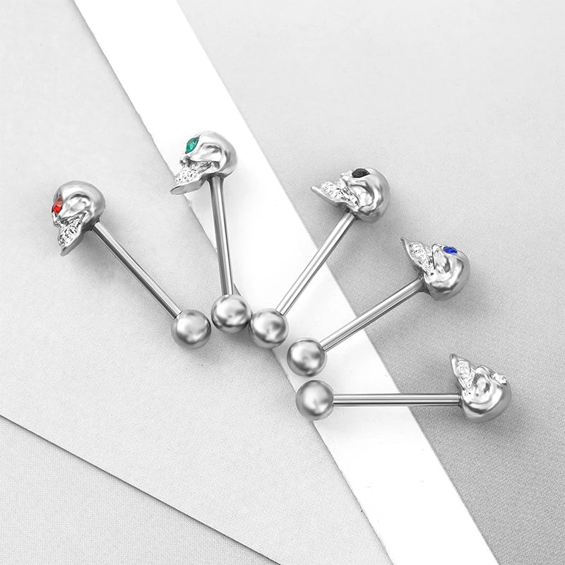Tongue Rings Stainless Steel 316L, 5 Color Diamond Encrusted Skull Piercing Jewelry lifestyle view