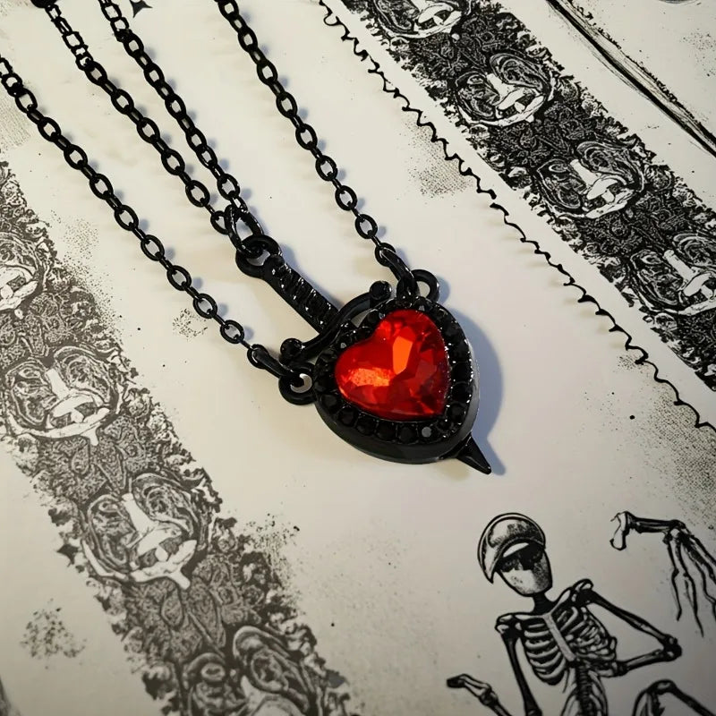 Gothic Sword and Heart Pendant Necklace Set | 2-Piece Gothic Jewelry for Halloween close-up view