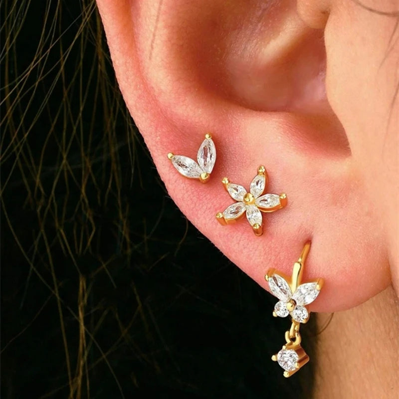 Gold Circle Hoop Earrings Set | Stainless Steel Zircon Flower Stud Jewelry detail view
