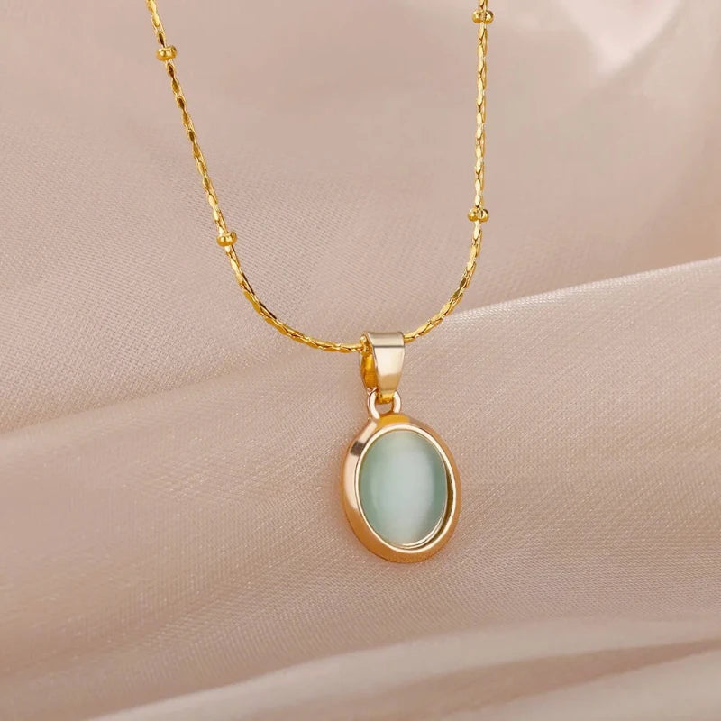 Fashion Stone Opal Oval Necklace For Women Stainless Steel Gold Color Oval Stone Pendant detail view