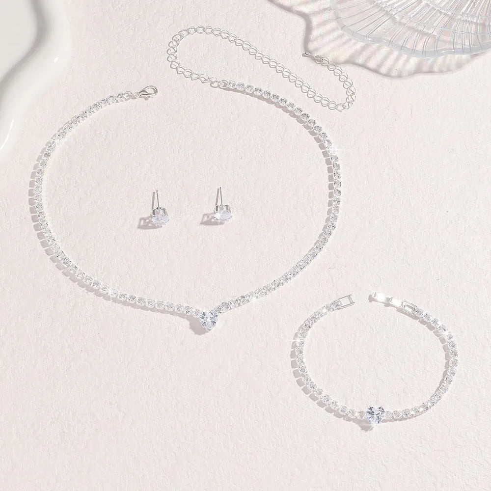Ladies' Fashion, Heart-Shaped Crystal Zircon Earrings, Necklace Set, Bride'S Wedding Dre detail view