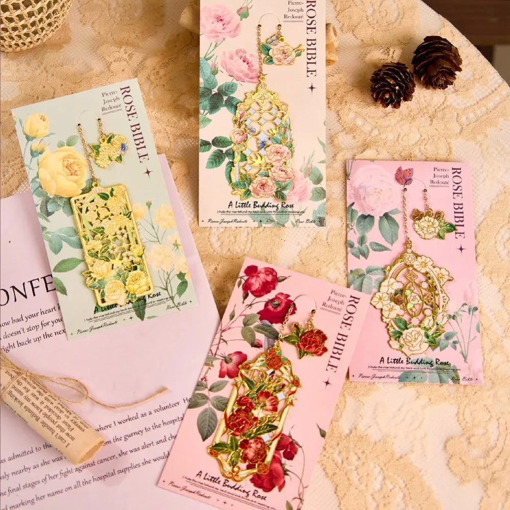 Retro Metal Aesthetic Rose Bookmark Pendant Chinese Style Floral Painting Bookmark Student Reading M