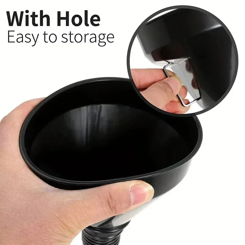 Multi Functional Flexible Funnel: Spill-Proof Oil Changing Tool with Wide Mouth & Hand close-up view