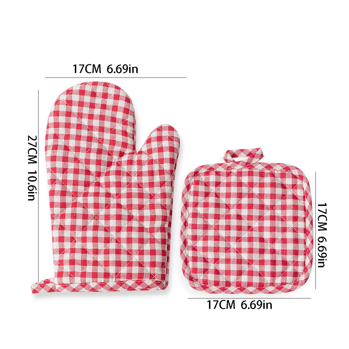 Anti Scald Oven Gloves Set | Cotton Lined Thick Kitchen Gloves with Red Checkered D additional angle