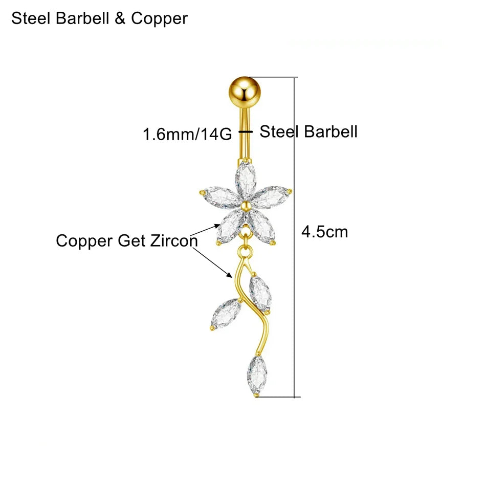 Stainless Steel Dangle Belly Button Ring Crystal Flower with Dangling Marquise Vine T lifestyle view