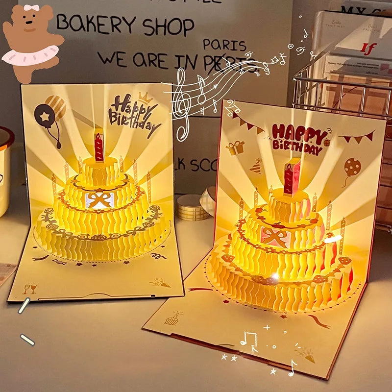 3D Music Light Birthday Card | Pop Up Cake Musical Greeting with Envelope close-up view