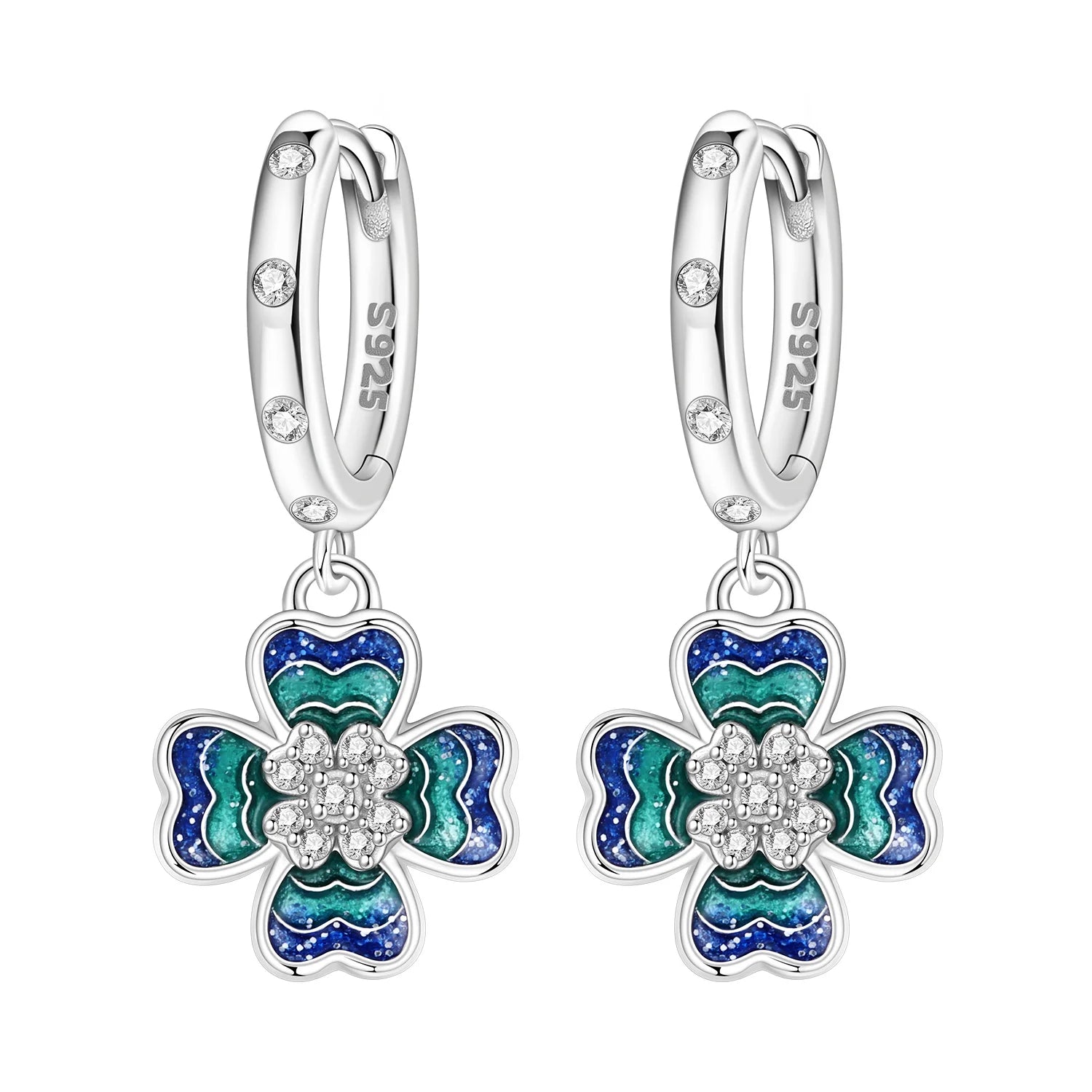 925 Sterling Silver Purple Flowers Plants Leaf Series Blue Iris Flower Earring Hoop Earr detail view