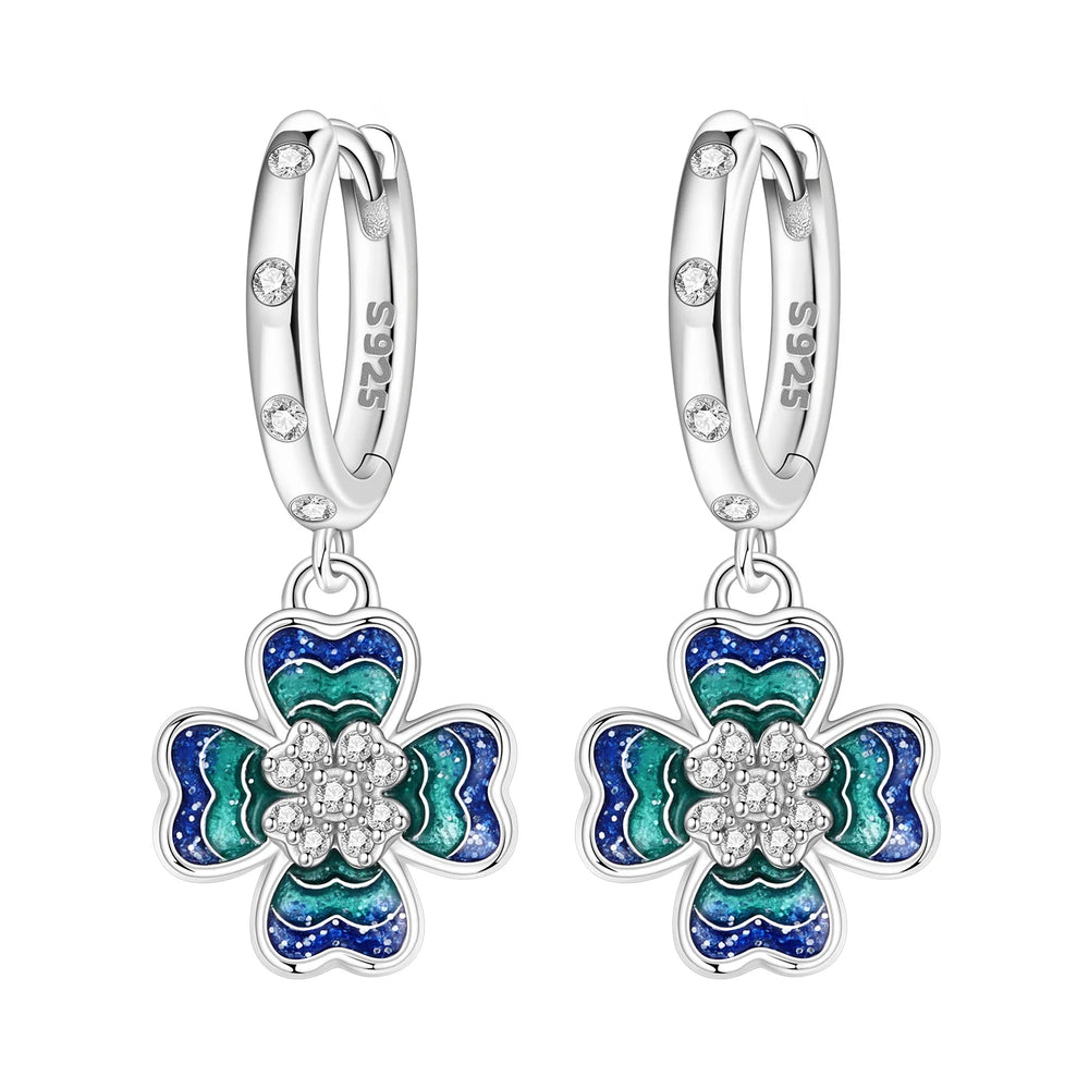 925 Sterling Silver Purple Flowers Plants Leaf Series Blue Iris Flower Earring Hoop Earr detail view