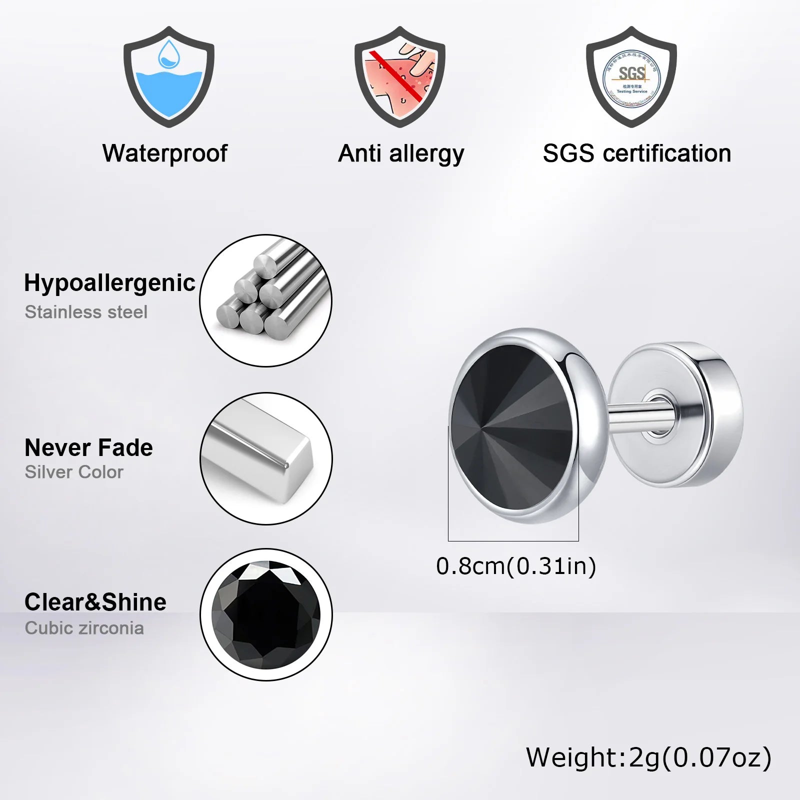 Vnox Multi-faced Cut Zircon Stone Earrings for Men, Screw Back Stud Barbell Shaped Ea alternate view