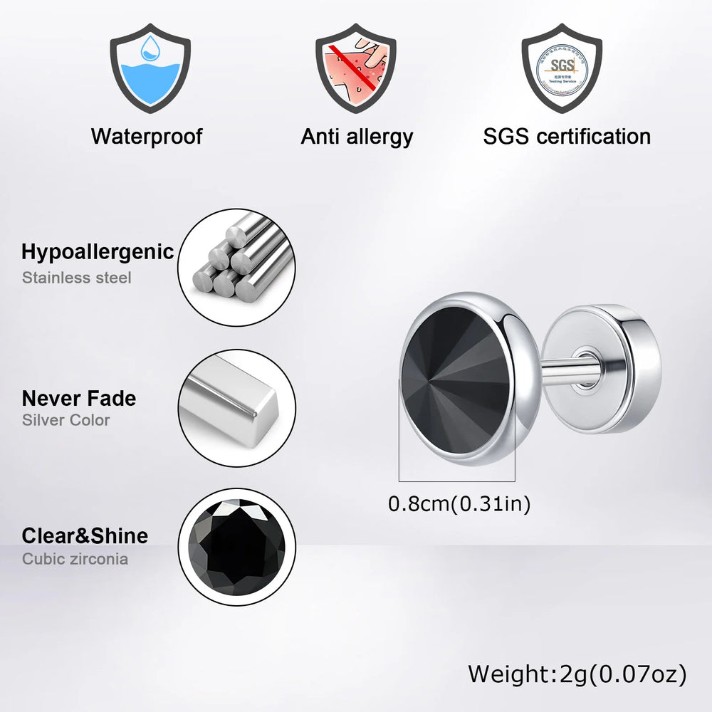 Vnox Multi-faced Cut Zircon Stone Earrings for Men, Screw Back Stud Barbell Shaped Ea alternate view