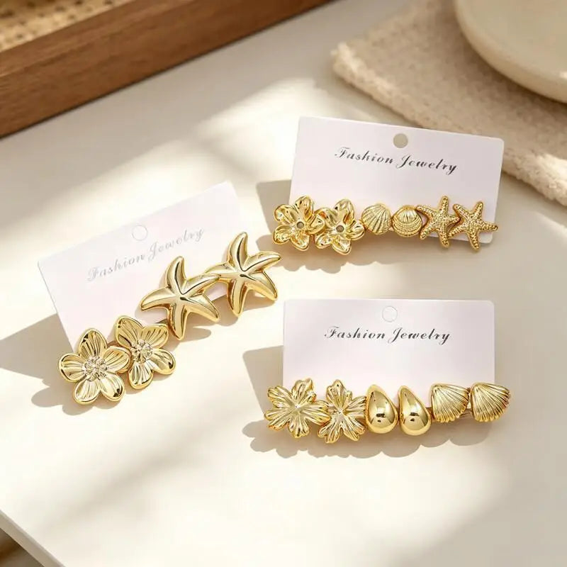 2/3/8 Pairs Golden Bohemian Earring Set, Elegant Stylish Statement Earrings with Flower, detail view