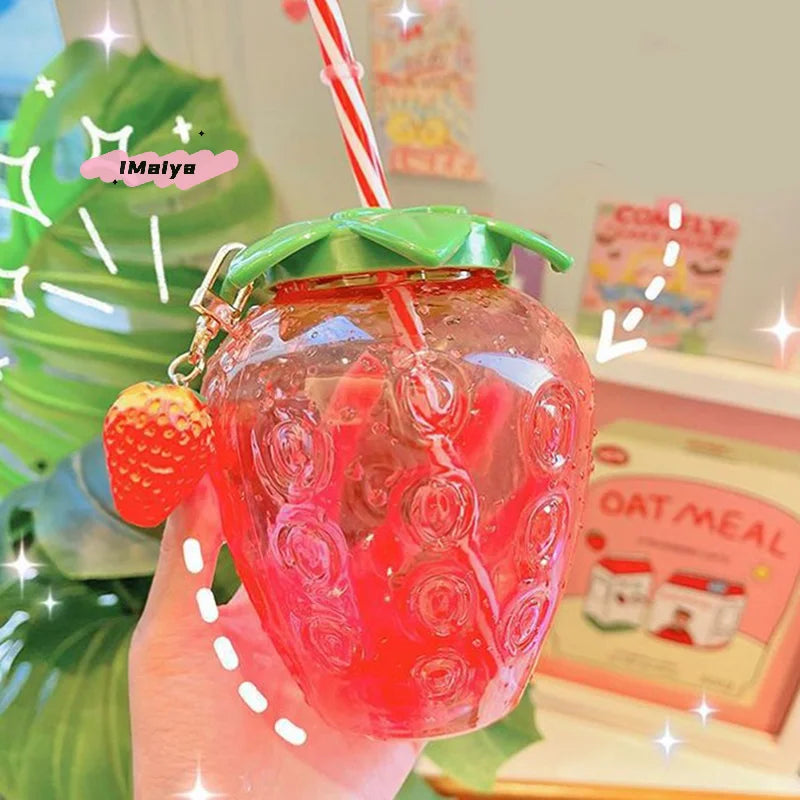 M-500ml Summer Cute Strawberry Straw Water Bottle Milk Coffee Straw Cup for Home Port lifestyle view