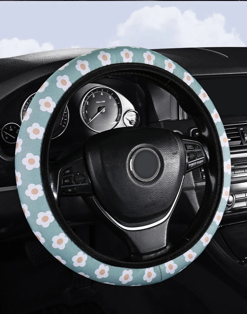 Flannelette Steering Wheel Cover Floral Print Anti-Slip additional angle