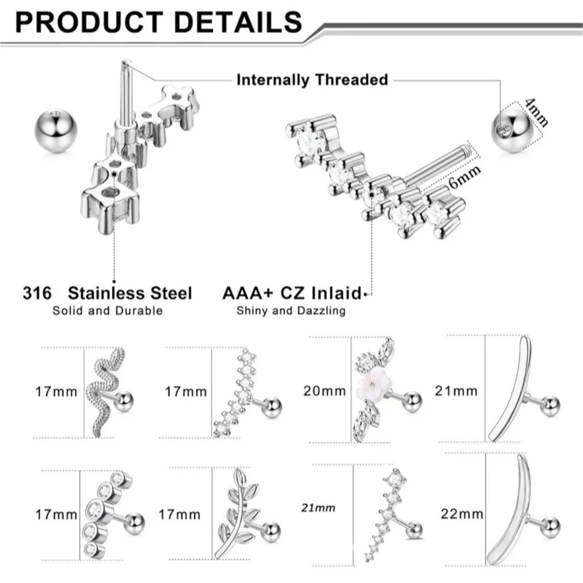 EVISPOL 2Pcs 16G Stainless Steel Screw Back Stud Earrings for Women, Cubic Zerconia Cart detail view