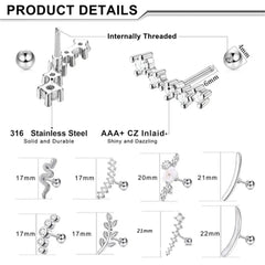 EVISPOL 2Pcs 16G Stainless Steel Screw Back Stud Earrings for Women, Cubic Zerconia Cart detail view