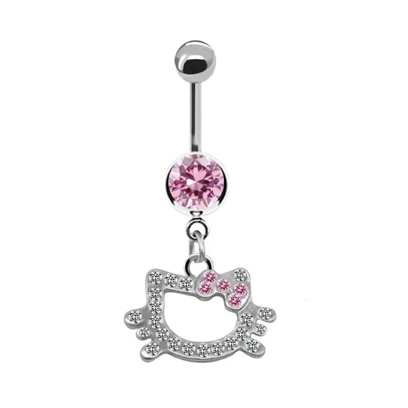 Sweet Butterfly Crown Heart Drop Belly Button Pink White Crystal Stone Hellokitty Dangle detail view
