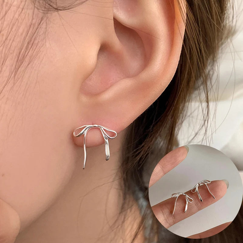 PANJBJ 925 Sterling Silver Bow Knot Earring for Women Texture Tassels Sweet Romantic Korean Jewelry Gift