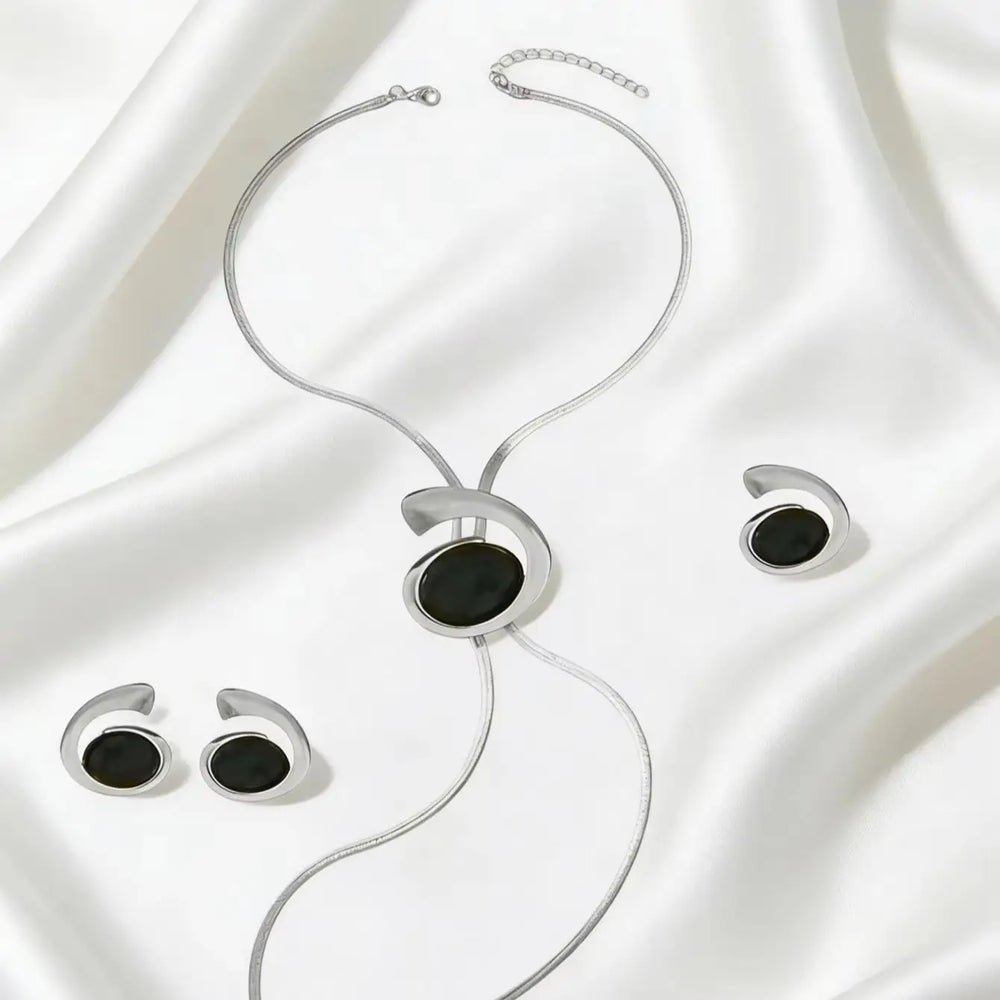 Elegant French Spiral Black Resin Stone /Imitation Baroque Pearl Jewelry Set Women additional angle