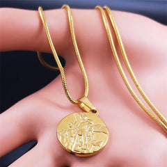 SAINT MICHAEL PROTECT US Archangel Stainless Steel Necklaces Chain Men/Women Gold Colo close-up view