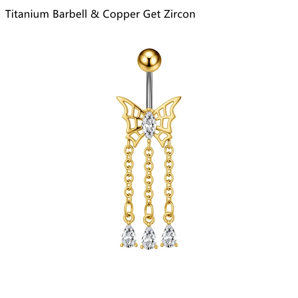 14G Crystal Heart Butterfly Dangle Belly Button Rings CZ Zircon Drop Navel Barbell Bel close-up view