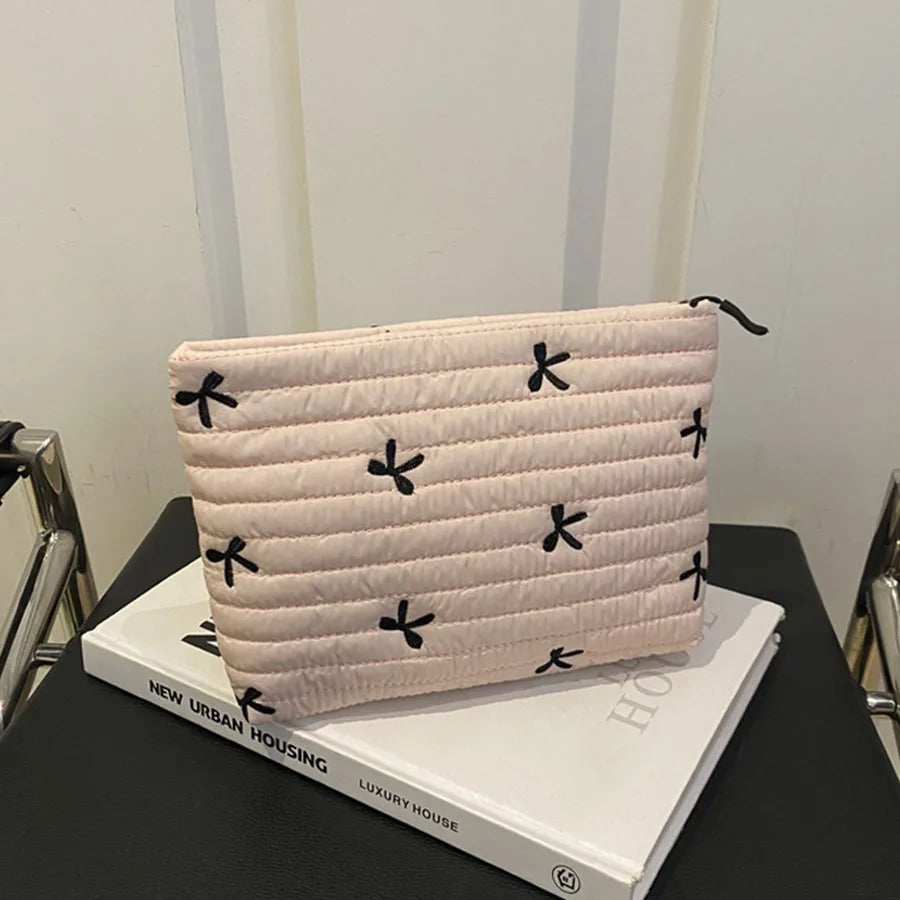 Cute Makeup Bag with Zipper Large Capacity Cosmetic Bag Embroidery Bow Wash Storage Ba close-up view
