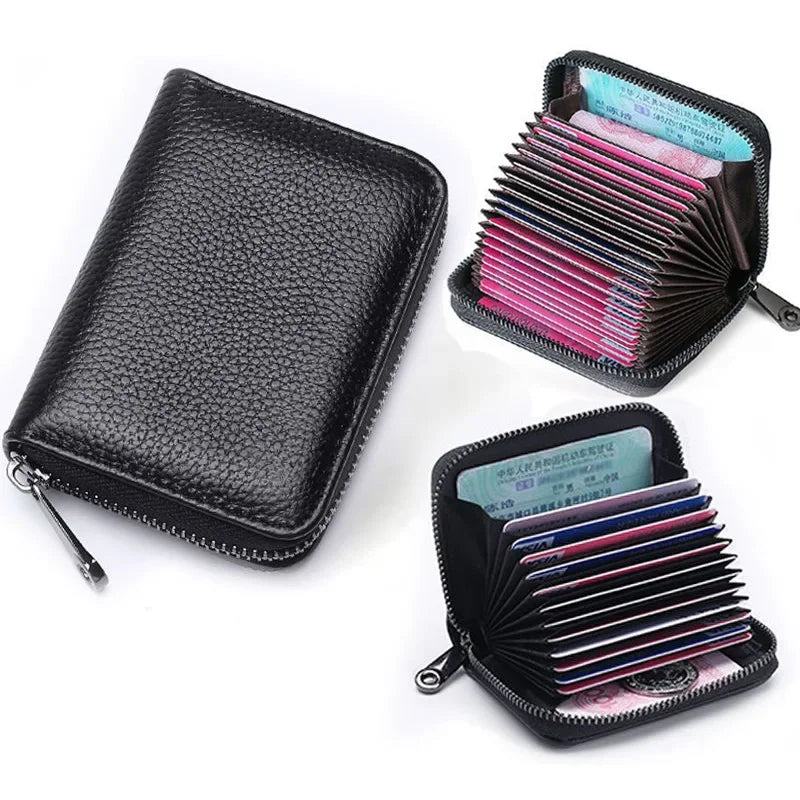 Business Card Holder Wallet | PU Leather Credit Card Case with Zipper Closure