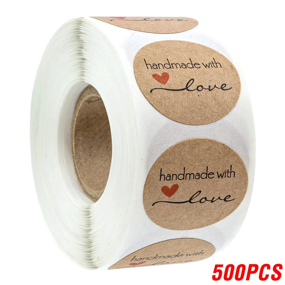 Vintage Kraft Paper Stickers | Handmade With Love Thank You Labels for Packaging and G close-up view