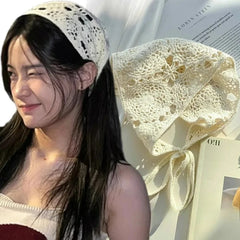 Lace Hollow Out Triangle Hair Scarf Headband Women Girls Cotton Knitted Flower Headba alternate view