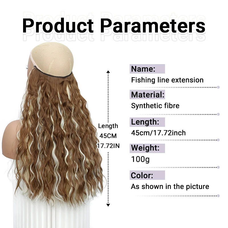 Long Synthetic Fishing Line Hair Extensions Elegant Water Wave Curly Styles for Women close-up view