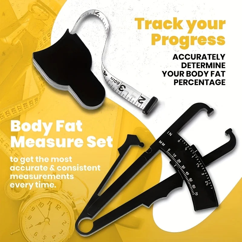 Body fat caliper and Waist Measurement Tape set - handheld fat caliper and tape combin close-up view